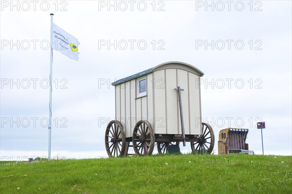 Old wooden cart, bathing cart with drawbar and large wooden wheels on a green meadow with a flag next to it, in the background a beach chair, cloudy day, deserted, sea, flag blowing in the wind, North Sea, North Sea resort Wremen, Lower Saxony Wadden Sea National Park, World Heritage Site, Wurster North Sea coast, Land Wursten, district of Cuxhaven, Lower Saxony, Germany, Europe