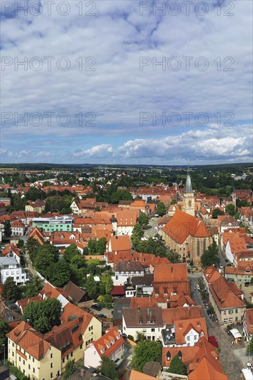 Aerial view of the historic old town of Schwabach with a view of the town church of St John and St Martin. Schwabach, Middle Franconia, Bavaria, Germany, Europe