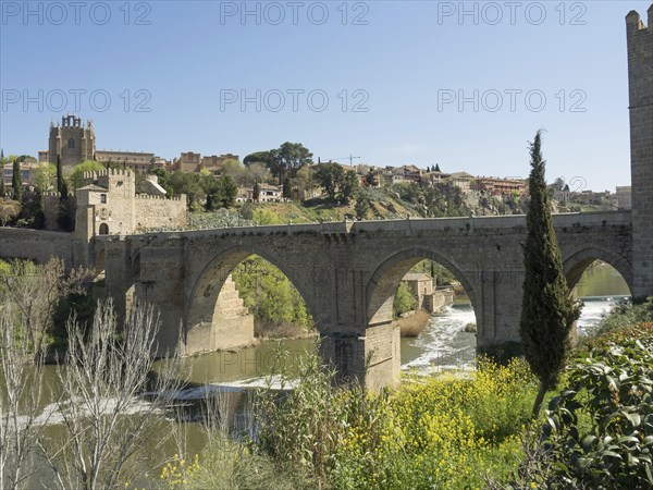 Historic stone bridge with arches over a river, surrounded by a cityscape and vegetation, sunny weather, historic stone bridge with an old tower and an old town in the background over a wild river, Toledo, Spain, Europe