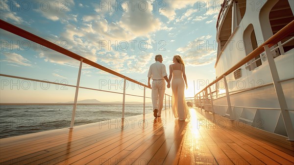 Happy senior couple taking a relaxing stroll on the deck of their luxury cruise ship. generative AI, AI generated
