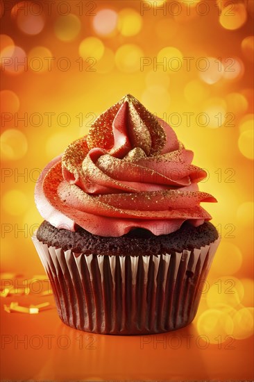 Cupcake with velvety cherry red frosting swirls sprinkled with gold glitter against orange, AI generated