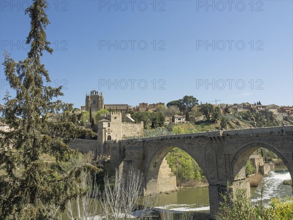 Historic stone bridge over a river with green trees and buildings in the background under a blue sky, historic stone bridge with an old tower and an old town in the background over a wild river, Toledo, Spain, Europe