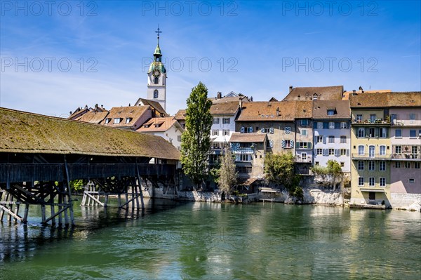 View of an old wooden bridge with an old town in the background, Olten, Solothurn, Switzerland, Europe