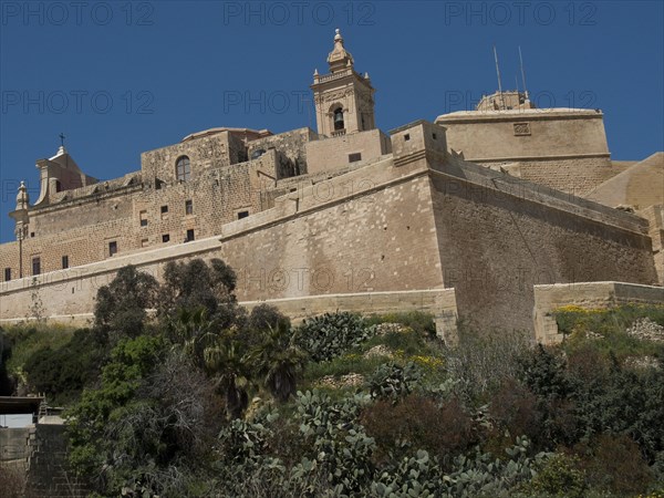 Massive historic stone fortress with surrounding vegetation and clear blue sky, solitary church on an island with the blue sea in the background, gozo, malta