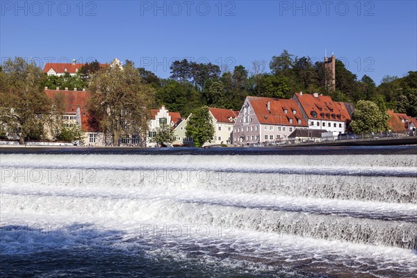Historic old town centre of Landsberg am Lech, in front of the Lech weir, Upper Bavaria, Bavaria, Germany, Europe