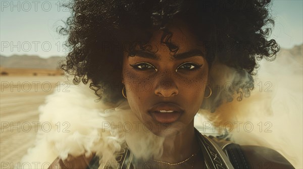 A confident person stands in the desert with an intense gaze and smoke around, ai generated, AI generated