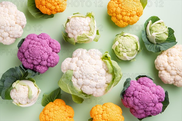 Top vie wof different colorful cauliflowers, AI generated
