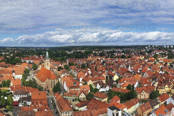 Aerial view of the historic old town of Schwabach with a view of the town church of St John and St Martin. Schwabach, Middle Franconia, Bavaria, Germany, Europe