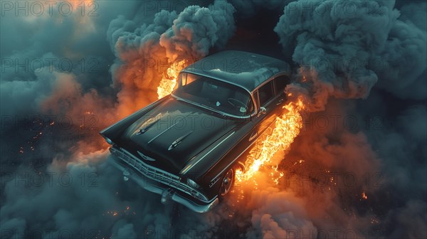 A lone car surrounded by dark smoke and flames under a night sky, AI generated