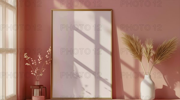Empty frame on a surface with vases and plants against a pink wall and window light, AI generated