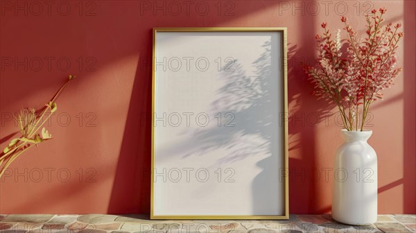 Frame against a red wall with a vase of flowers beside it and sunlight casting shadows, AI generated