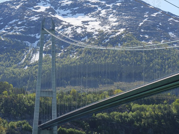 Bridge against a backdrop of snow-capped mountains and green forests under a clear blue sky, bridge in a fjord with snow-capped mountains and green trees, greenish shimmering water, eidfjord, Norway, Europe