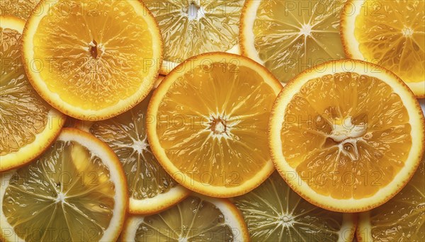 Close-up of sliced oranges showing the textured, juicy surface and vibrant colours, AI generated, AI generated