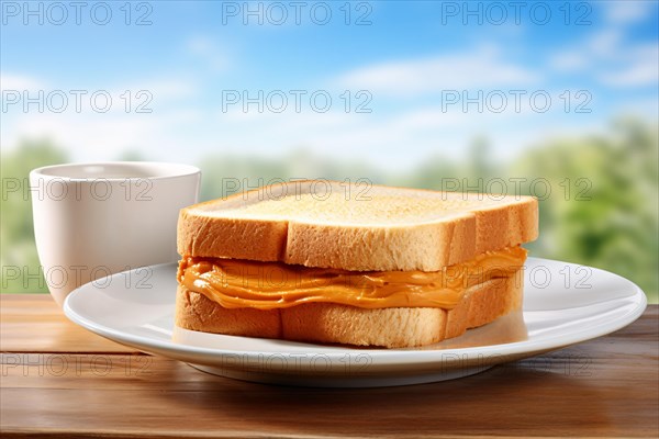 Peanut butter sandwich on plate with blurry nature background. KI generiert, generiert, AI generated