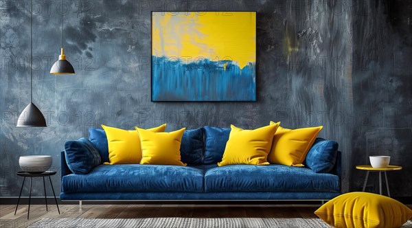 A blue couch with yellow pillows sits in front of a yellow wall. Modern luxury interior design, AI generated