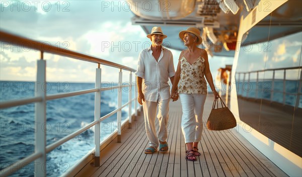 Happy senior couple taking a relaxing stroll on the deck of their luxury cruise ship. generative AI, AI generated