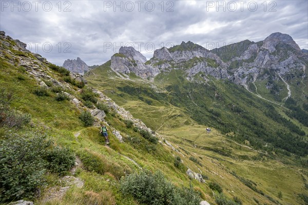 Mountaineer on a narrow hiking trail on a steep meadow slope, descent from the Raudenspitze, view into the Val Fleons valley, Carnic Main Ridge, Carnic Alps, Carinthia, Austria, Europe