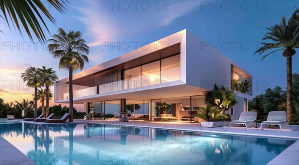 Exterior of private house luxury villa. Modern architecture real estate with swimming pool, AI generated