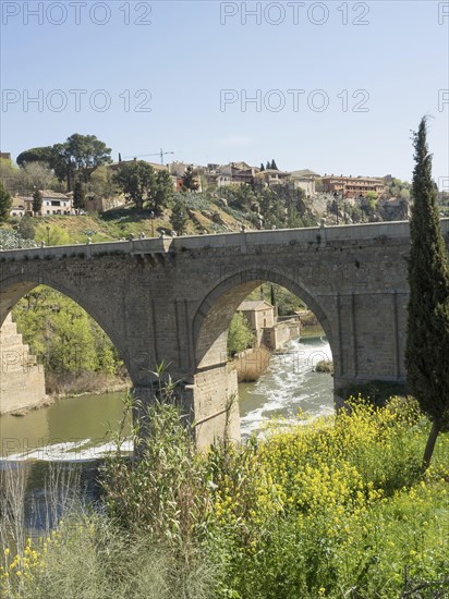 Stone bridge with arches over a river, surrounded by vegetation and a sunny landscape, historic stone bridge with an old tower and an old town in the background over a wild river, Toledo, Spain, Europe