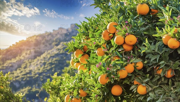 Rich orange harvest in the foreground, mountainous landscape in the background at sunset, AI generated, AI generated