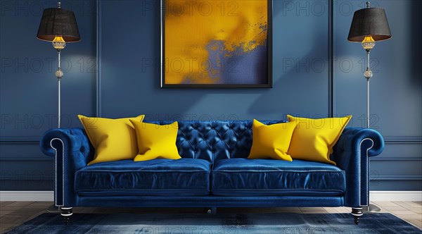 A blue couch with yellow pillows sits in front of a yellow wall. Modern luxury interior design, AI generated