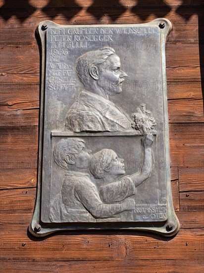 Memorial plaque for Peter Rosegger, founder of the forest school, Alpl near Krieglach, Waldheimat, Styria, Austria, Europe