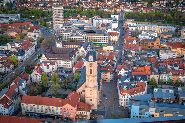 The Protestant town church of St Michael in Jena from above with the new university campus complex in the background, Jena, Thuringia, Germany, Europe
