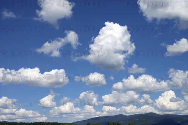 Blue sky with many white clouds over a mountain landscape, Bavarian Forest above Deggendorf, Bavaria, Germany, Europe