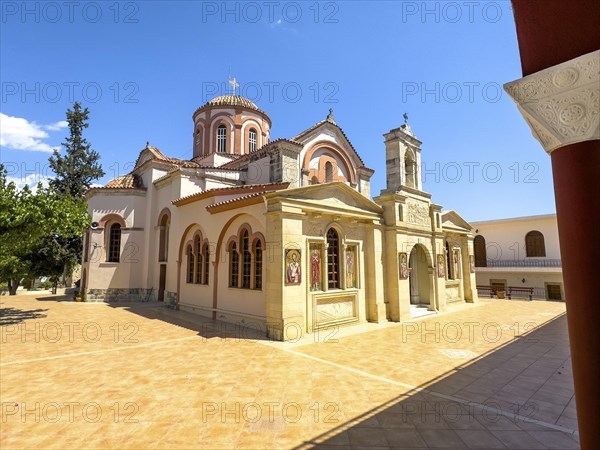 Exterior view of historic orthodox church monastery church Zoodochos Pege in Byzantine style from 14th century in today's nunnery monastery of Panagia Kalyviani Kaliviani, Faneromeni, Tymbaki, Crete, Greece, Europe