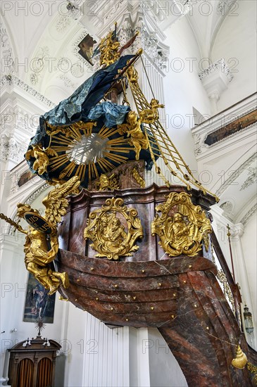 The pulpit, former monastery church of St. Peter and Paul, Irsee monastery or abbey, former Benedictine abbey, is now a conference and education centre of the district of Swabia, Irsee, Swabia, Bavaria, Germany, Europe