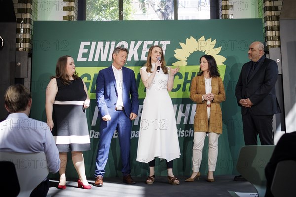Ricarda Lang, Federal Chairwoman of Buendnis 90/DIE Gruenen, Robert Habeck (Buendnis 90/DIE Gruenen), Federal Minister for Economic Affairs and Climate Protection and Vice-Chancellor, Terry Reintke, top candidate for the European elections of Buendnis 90/DIE Gruenen, Annalena Baerbock (Buendnis 90/DIE Gruenen), Federal Foreign Minister, and Omid Nouripour, Buendnis 90/DIE Gruenen, pictured at a press event in Berlin, 13 May 2024.05.2024. The campaign tours for the European elections of Buendnis 90/DIE Gruenen start today