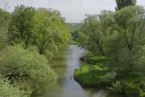 Middle Jagst valley in spring, May, river valley, river, Jagst, Hohebach, Doerzbach-Hohebach, Hohenlohe, Heilbronn-Franken, Baden-Wuerttemberg, Germany, Europe