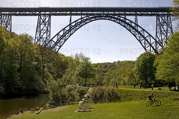 Muengsten Bridge with bridge park and the river Wupper, highest railway bridge in Germany, Solingen, Bergisches Land