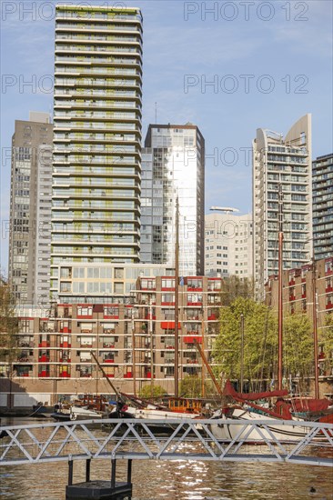 Boats in the harbour against a backdrop of modern skyscrapers in sunny weather, small harbour in a big city with a lighthouse and modern houses, Rotterdam, Netherlands