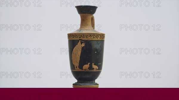 A boy watches two partridges, Antique Greek vase with a black figure and red decorations on a beige background, Interior, Archaeological Museum, Old Town, Rhodes Town, Rhodes, Dodecanese, Greek Islands, Greece, Europe