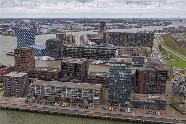 Modern residential complexes and buildings line the riverbank, shaping the urban architecture under a grey sky, modern houses and a bridge with a river from above, Rotterdam, Netherlands