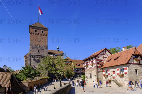 Imperial Castle, with fountain house and pagan tower, half-timbered houses in the castle, Nuremberg Castle, Nuremberg, Middle Franconia, Franconia, Bavaria, Germany, Europe