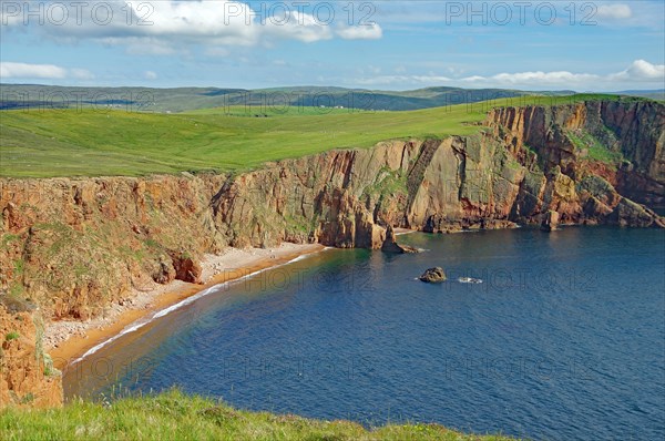 Red cliffs and green meadows, Shetland Islands, Hillswick, Eshaness, Scotland, Great Britain