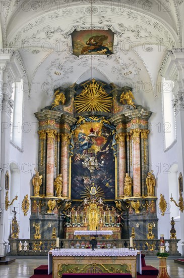 The main altar, former monastery church of St. Peter and Paul, Irsee monastery or abbey, former Benedictine abbey, is now a conference and education centre of the district of Swabia, Irsee, Swabia, Bavaria, Germany, Europe