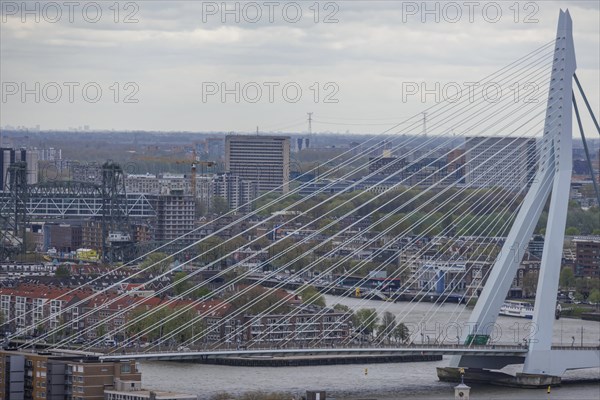 Modern rope bridge crosses the river, connecting urban areas of the city with a picturesque landscape in the background, modern houses and a bridge with a river from above, Rotterdam, Netherlands