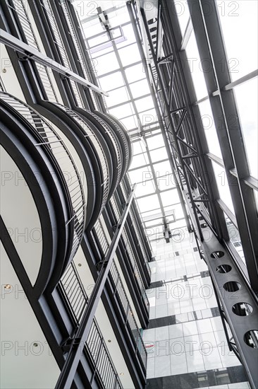 View of the interior of a modern office building with steel structures and glass roof, Boeblingen, Germany, Europe