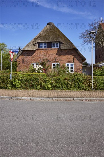 Side view of a Frisian house in Niebuell, Nordfriesland district, Schleswig-Holstein, Germany, Europe