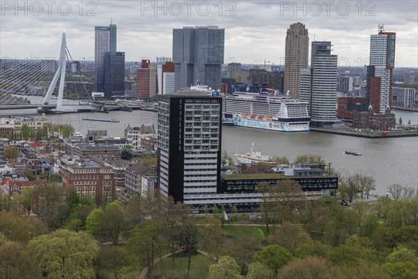 Urban landscape with skyscrapers, a river, a cruise ship and a prominent bridge under a cloudy sky, modern houses and a bridge with a river from above, Rotterdam, Netherlands