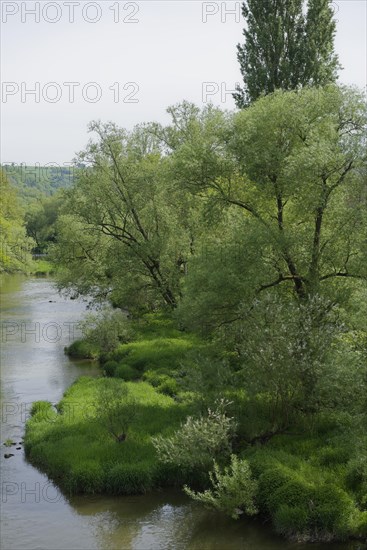 Middle Jagst valley in spring, May, river valley, river, Jagst, Hohebach, Doerzbach-Hohebach, Hohenlohe, Heilbronn-Franken, Baden-Wuerttemberg, Germany, Europe