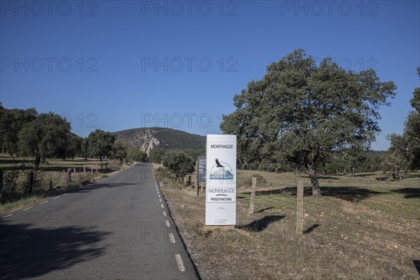 Monfraguee National Park sign, Extremadura, Castilla La Mancha, Spain, Europe