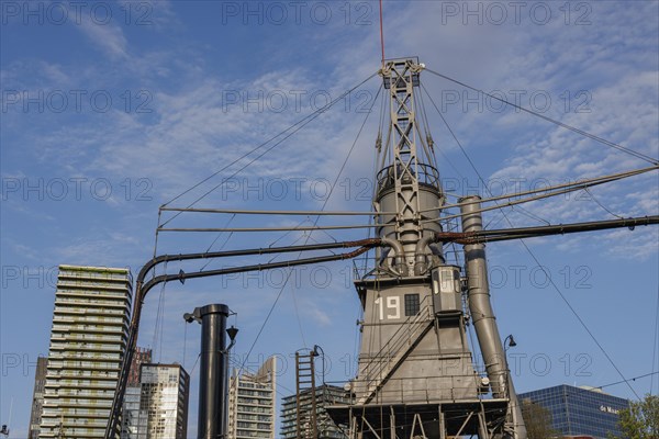 An industrial structure standing in front of modern skyscrapers and a clear sky, small harbour in a big city with a lighthouse and modern houses, Rotterdam, Netherlands
