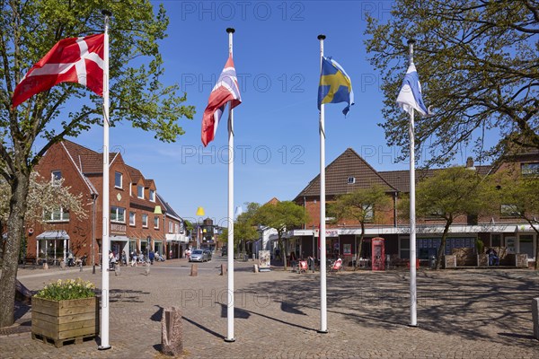 Scandinavian flags on the town hall square in Niebuell, Nordfriesland district, Schleswig-Holstein, Germany, Europe