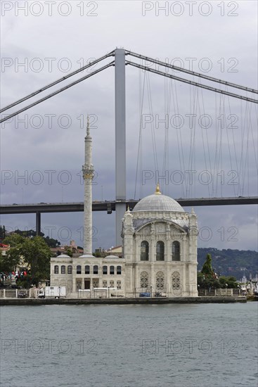 Detailed view of a mosque in front of a bridge and the sea, Istanbul, Istanbul Province, Turkey, Asia
