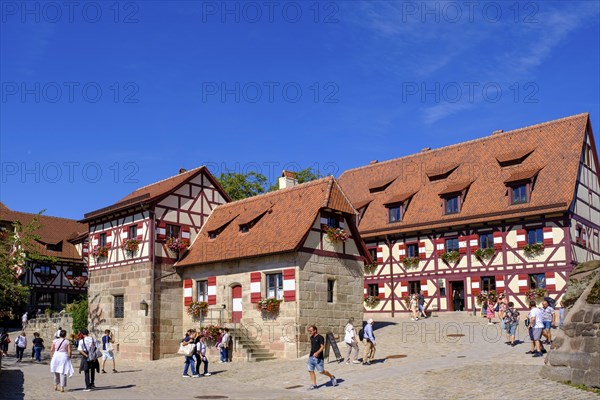 Imperial Castle, with fountain house and half-timbered houses in the castle, Nuremberg Castle, Nuremberg, Middle Franconia, Franconia, Bavaria, Germany, Europe