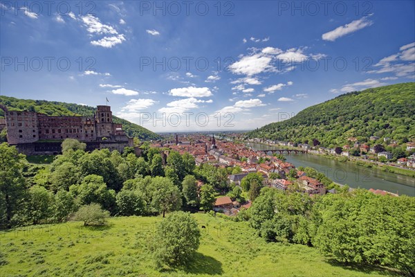 View of Heidelberg Castle and castle ruins and the city of Heidelberg from the Scheffelterrasse, Heidelberg, Baden-Wuerttemberg, Germany, Europe